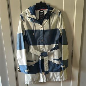 Helly Hansen Blue and White Striped Rain Jacket